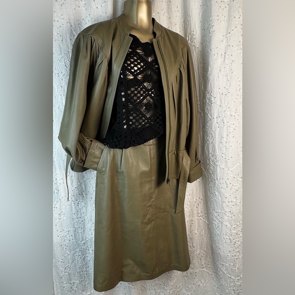 Vintage 80s Leather Jacket & Skirt Set Olive Taupe J. Porte Spain